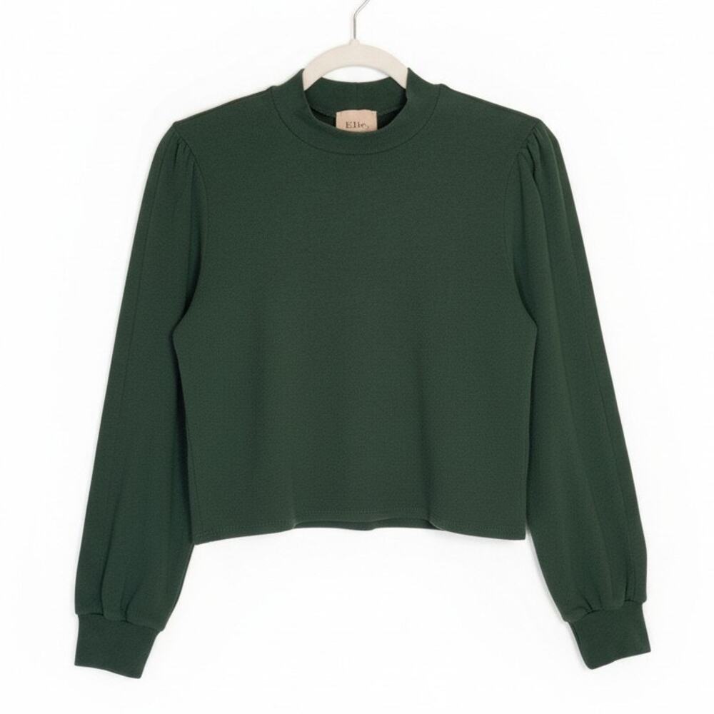 Elie‎ Tahari Forest Green Mock Neck Puff Sleeve Sweater Lyocell Blend L Capsule